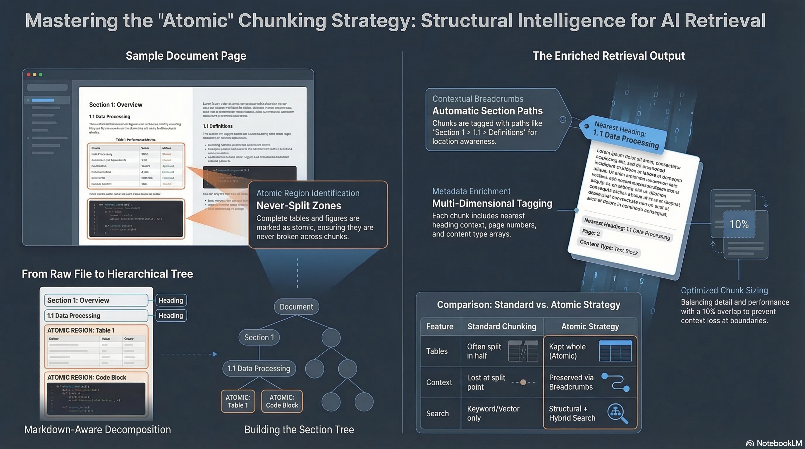 Mastering the Atomic Chunking Strategy: structural intelligence for AI retrieval showing markdown-aware decomposition, hierarchical section trees, never-split zones for tables and figures, contextual breadcrumbs with automatic section paths, multi-dimensional metadata tagging, and optimized chunk sizing with 10% overlap
