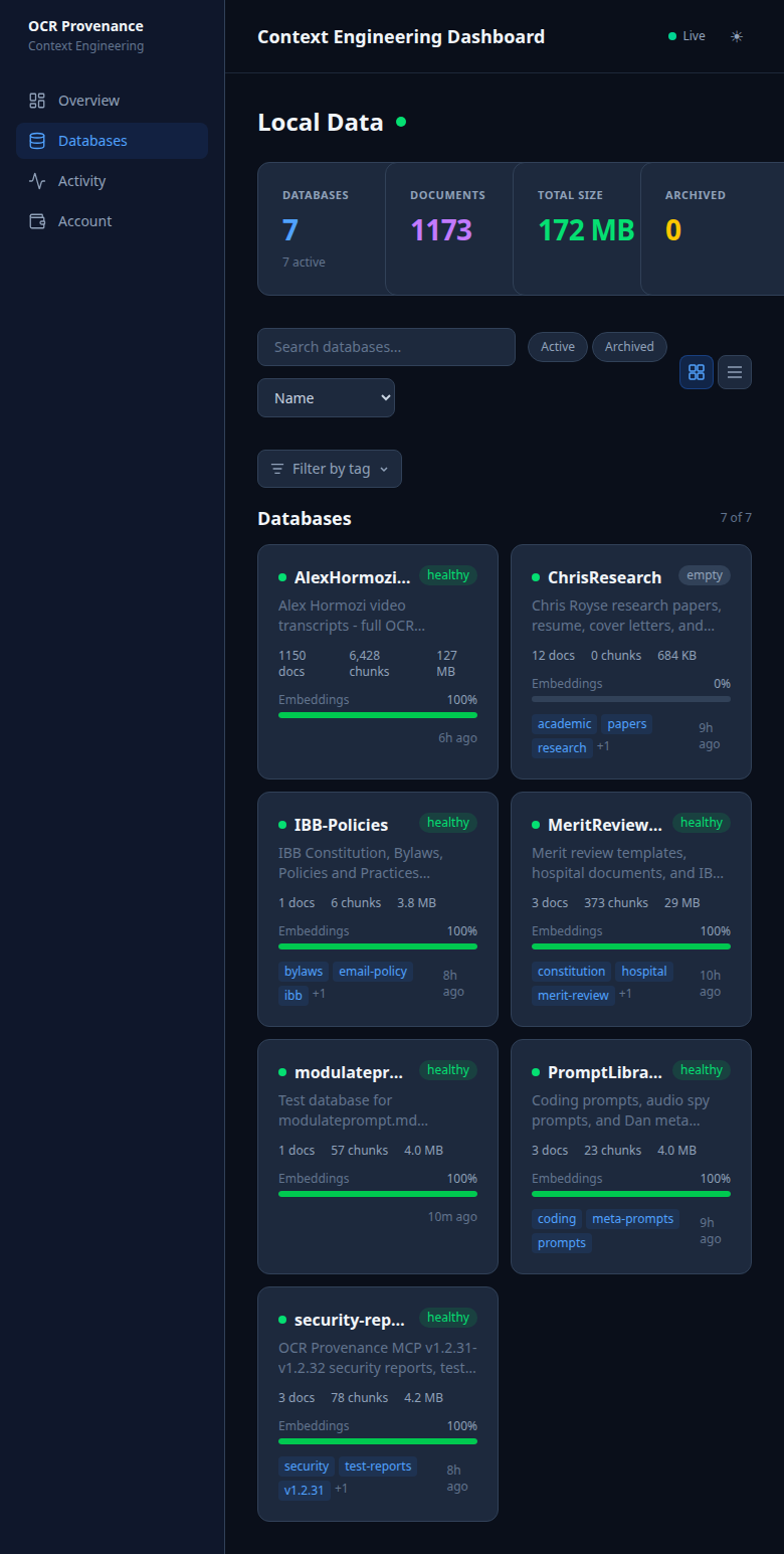 Databases grid view showing 7 databases with health status, document counts, chunk counts, size, embedding progress bars, and tags